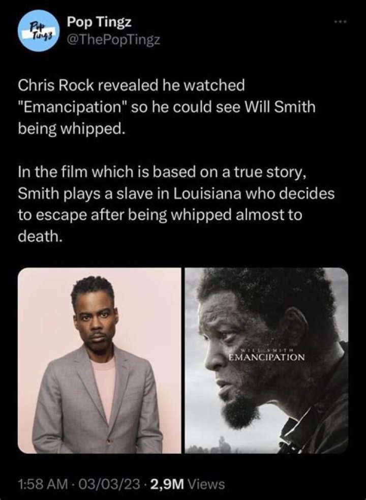 
Chris Rock jokes about watching Will Smith’s Emancipation to ‘watch him getting whipped’ 